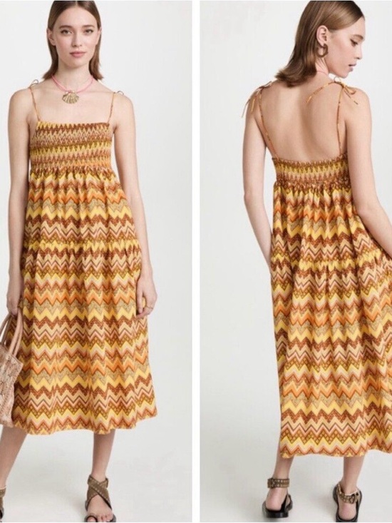 S/W/F Dresses & Skirts - SWF Smocked Zigzag Midi Sundress in Yellow-Brown